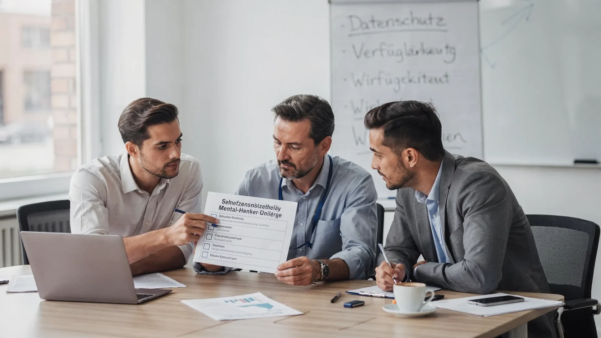 Drei Personen aus HR und Betriebsrat sitzen in einem hellen Meetingraum und prüfen eine ausgedruckte Checkliste zur Auswahl eines Mental-Health-Anbieters. Auf dem Tisch liegen Laptops, Notizen und eine Tasse Kaffee. Im Hintergrund ein Whiteboard mit Stichworten wie Datenschutz, Verfügbarkeit und Wirksamkeit.
