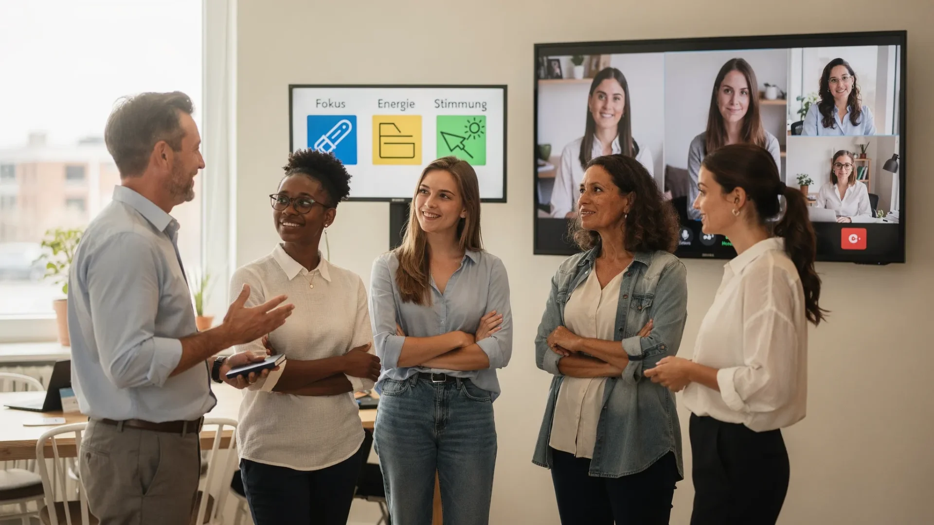 Ein diverses hybrides Team steht in einem kurzen Stand-up im Büro, jede Person nennt in einem Satz ihre aktuelle Stimmung. Auf einem Bildschirm sind zwei Remote-Kolleginnen zugeschaltet. Neben dem Moderator hängt ein kleines Whiteboard mit drei farbigen Piktogrammen für Fokus, Energie und Stimmung.