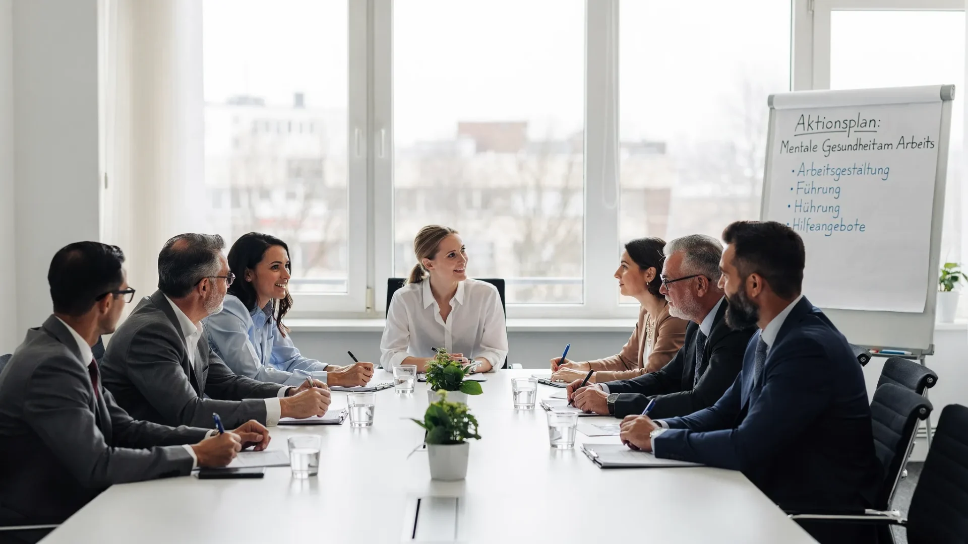 Ein diverses Team aus HR, Führungskräften und Mitarbeitenden sitzt in einem hellen Besprechungsraum, auf einem Flipchart steht ein Aktionsplan für mentale Gesundheit am Arbeitsplatz mit Punkten wie Arbeitsgestaltung, Führung, Hilfeangebote und Messgrößen.