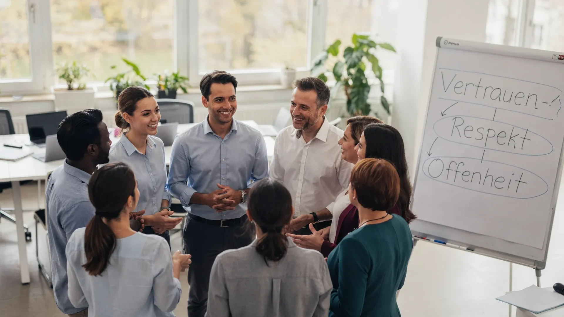 Ein diverses Team steht im Kreis in einem hellen Büro und beginnt ein Meeting mit einer kurzen Check-in-Runde. Auf einem Whiteboard stehen Begriffe wie Vertrauen, Respekt und Offenheit.