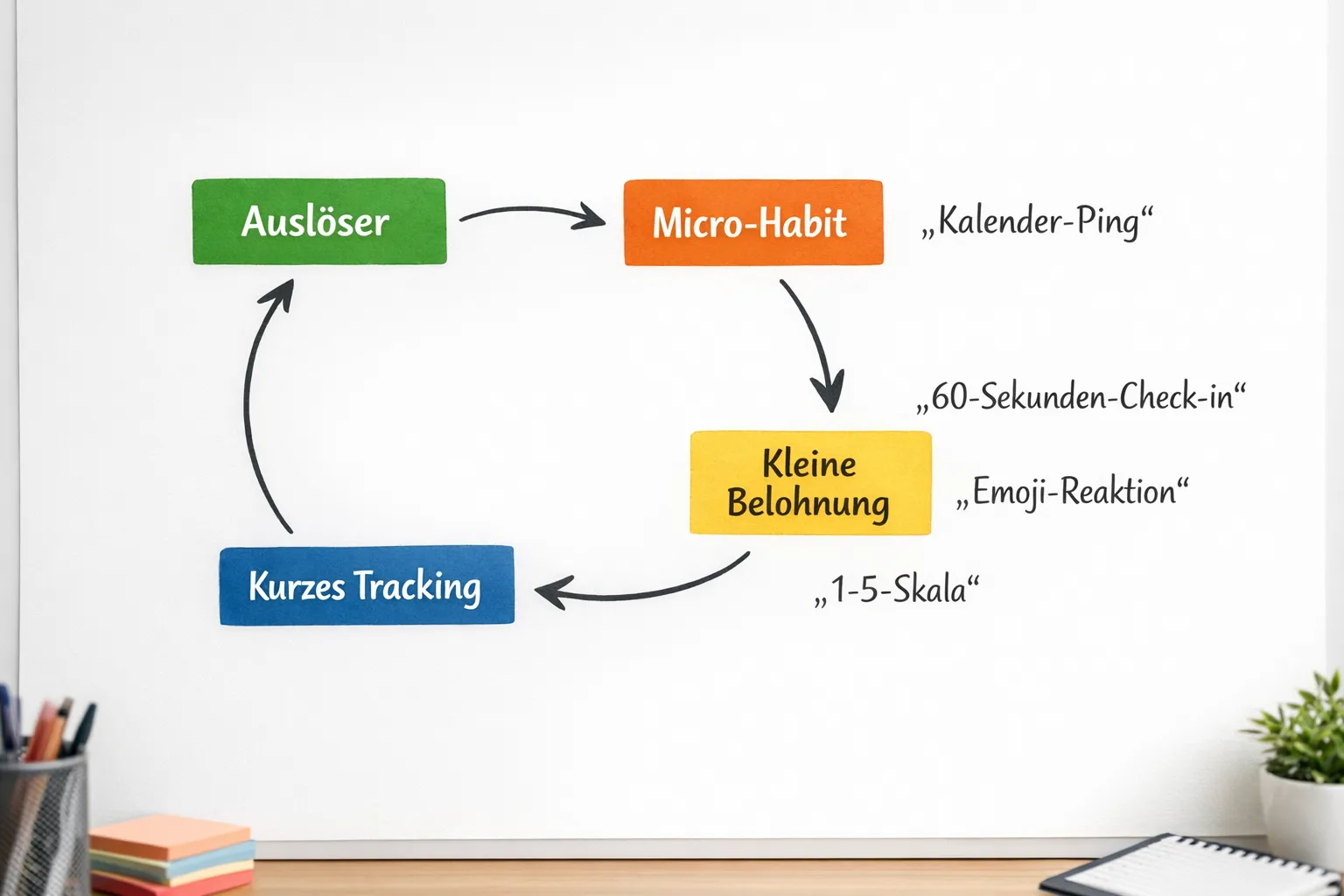 Ein einfaches Diagramm mit vier Elementen: Auslöser, Micro‑Habit, kleine Belohnung, kurzes Tracking. Pfeile verbinden die Elemente im Kreis, daneben stehen kurze Beispiele wie „Kalender‑Ping“, „60‑Sekunden‑Check‑in“, „Emoji‑Reaktion“, „1‑5‑Skala“.