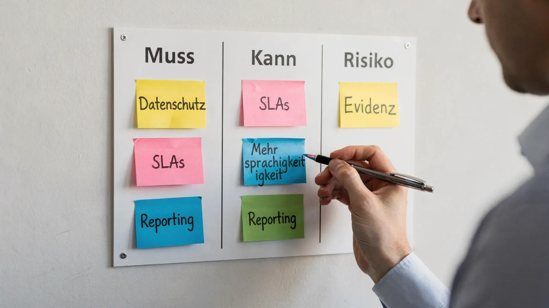 Ein einfaches Entscheidungsboard mit Spalten „Muss“, „Kann“ und „Risiko“, daneben Post‑its mit Kriterien wie Datenschutz, SLAs, Mehrsprachigkeit, Evidenz, Reporting und Kosten.
