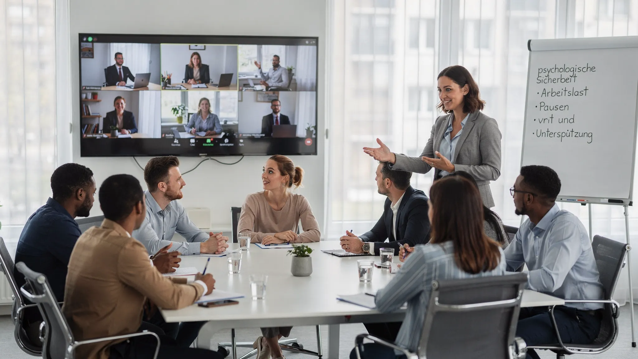 Ein gemischtes Team sitzt in einem hellen, hybriden Meetingraum, macht ein strukturiertes Check-in zur mentalen Gesundheit, eine Führungskraft moderiert, auf einem Whiteboard stehen die Stichworte psychologische Sicherheit, Arbeitslast, Pausen und Unterstützung.