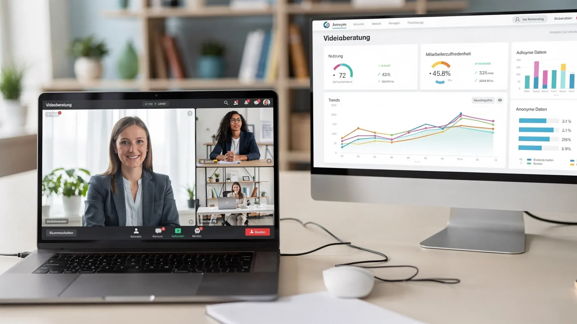 Ein Screenshot-artiger Eindruck einer Videoberatung zwischen einer Psychologin und einem Mitarbeitenden, daneben ein abstraktes HR-Dashboard mit anonymen Nutzungskennzahlen und Trendlinien. Moderne Büro-Umgebung, freundliche Farben.