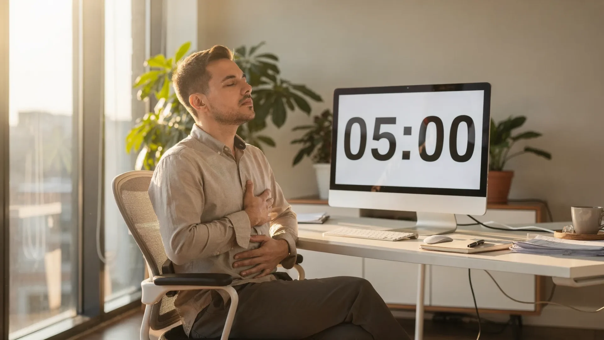 Eine berufstätige Person sitzt an einem hellen Schreibtisch, eine Hand auf Brust und eine auf dem Bauch, die Augen entspannt geschlossen. Auf dem Monitor steht ein Timer mit 05:00. Sonnenlicht fällt durch große Fenster, Pflanzen im Hintergrund, ruhige Büroumgebung.