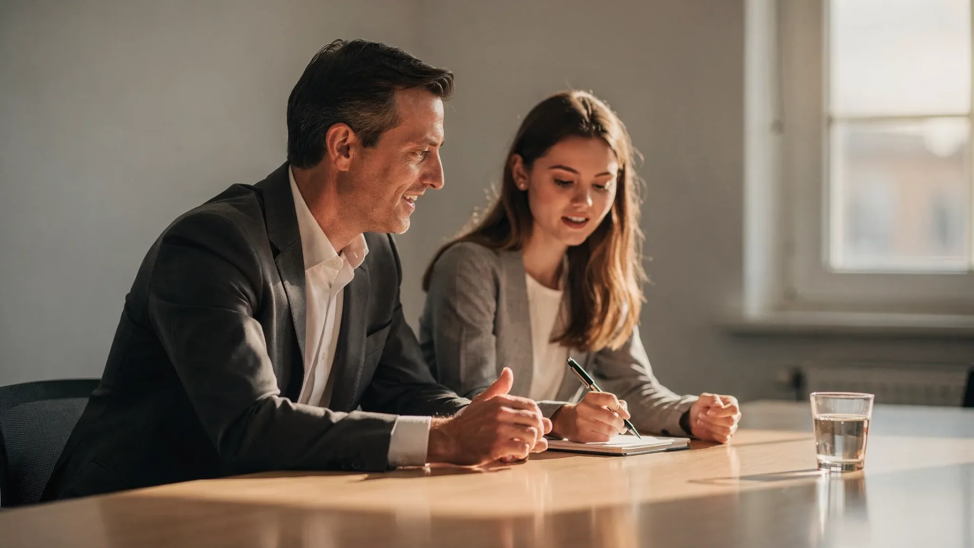Eine Führungskraft sitzt mit einer Mitarbeiterin in einem ruhigen Besprechungsraum. Beide schauen auf einen Notizblock, die Führungskraft hört aufmerksam zu, offene Körperhaltung, warme Beleuchtung, auf dem Tisch steht ein Glas Wasser.