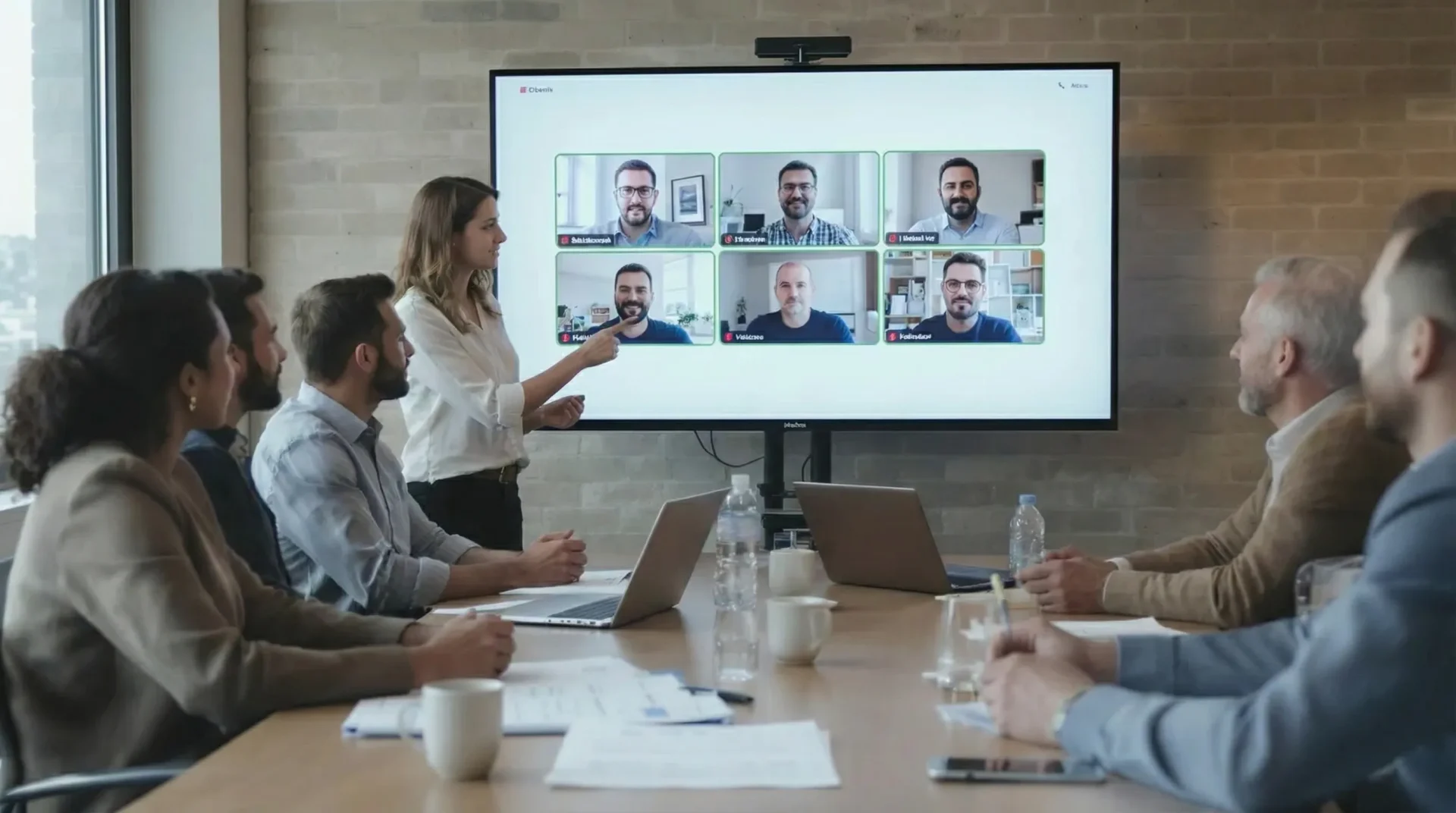 Eine HR-Managerin führt in einem hybriden Meeting ein Team durch einen Plan zur psychischen Gesundheit: auf dem Tisch liegen ein Jahresplan, KPIs und Richtlinien; auf einem großen Bildschirm sind remote Teilnehmende zu sehen.