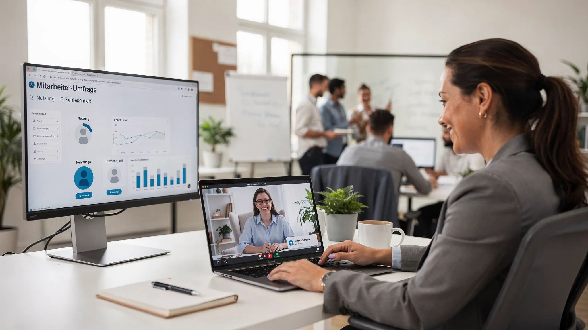 Eine HR-Managerin sitzt in einem hellen Büro und führt ein Videogespräch mit einer Psychologin auf dem Laptop. Auf einem zweiten Bildschirm sind anonymisierte Kennzahlen zu Nutzung und Zufriedenheit zu sehen. Im Hintergrund ein modernes, diverses Team in einem offenen Workspace.