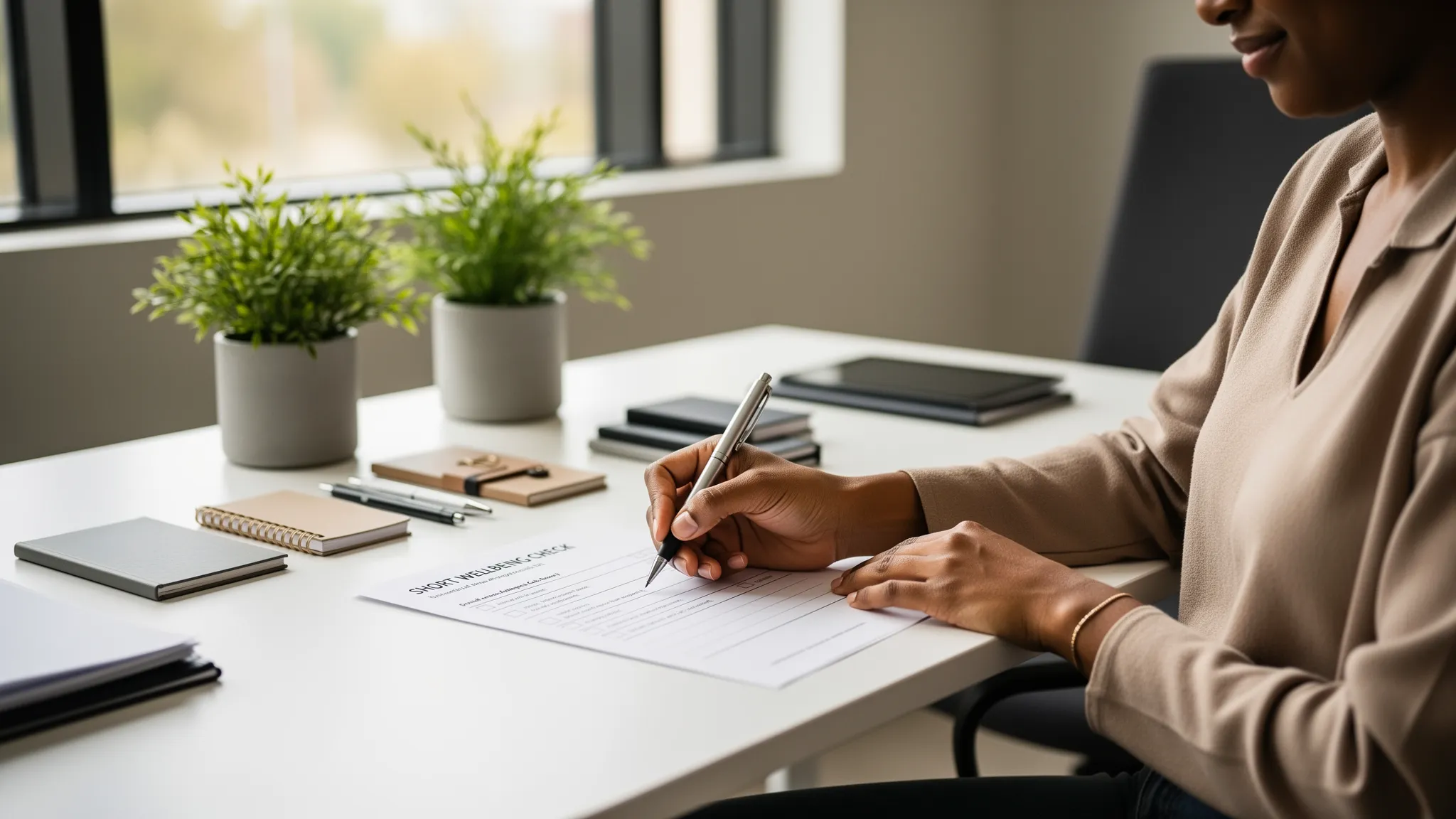 Eine Person sitzt an einem aufgeräumten Schreibtisch mit Pflanzen und füllt einen kurzen Wohlbefinden-Check auf Papier aus, ruhige Büroumgebung, Tageslicht, inklusiv dargestellt.