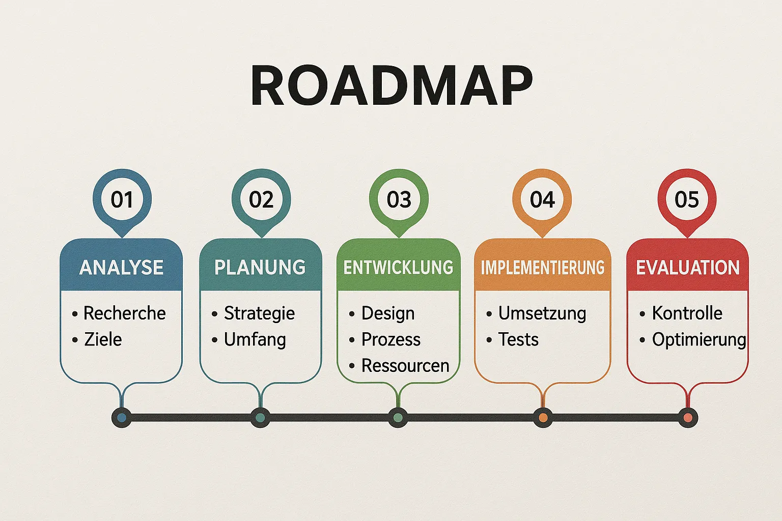 Einfache Roadmap-Grafik mit fünf Phasen in einer Zeitleiste, jede Phase mit 2 bis 3 Stichworten, die von Analyse bis Evaluation reichen.