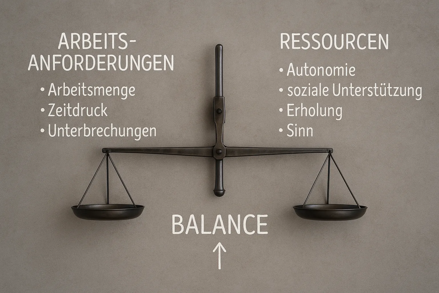 Einfache Waage als Diagramm, linke Seite Arbeitsanforderungen wie Arbeitsmenge, Zeitdruck, Unterbrechungen, rechte Seite Ressourcen wie Autonomie, soziale Unterstützung, Erholung, Sinn, Ziel ist Balance.