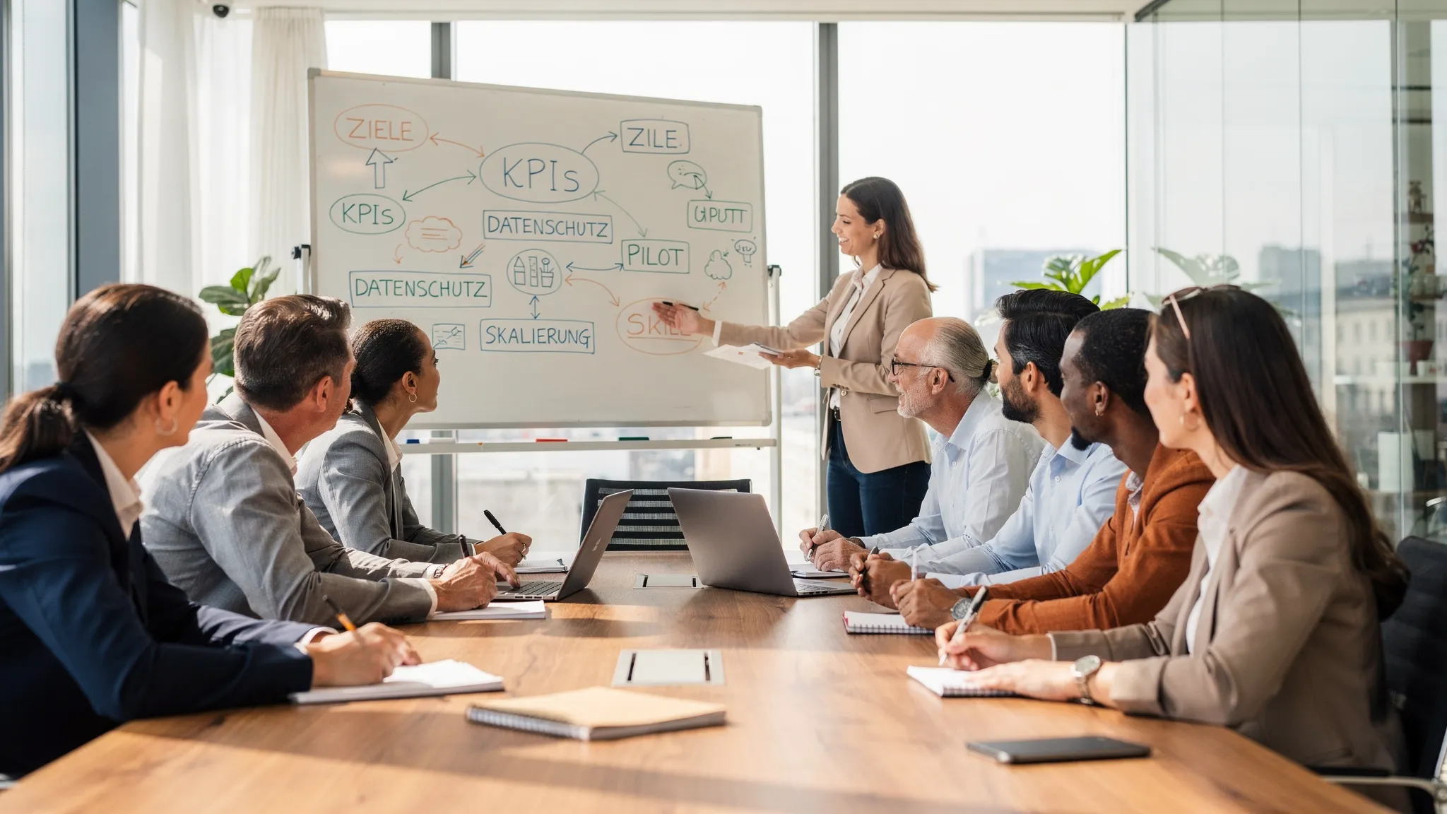 Helle Meeting-Szene mit HR- und People-&-Culture-Verantwortlichen, die an einem großen Tisch einen skalierbaren Mental-Health-Rollout planen. Auf dem Whiteboard stehen Begriffe wie Ziele, KPIs, Datenschutz, Pilot, Skalierung; diverse Teammitglieder, internationale Belegschaft, Laptops geschlossen, Fokus auf Austausch.
