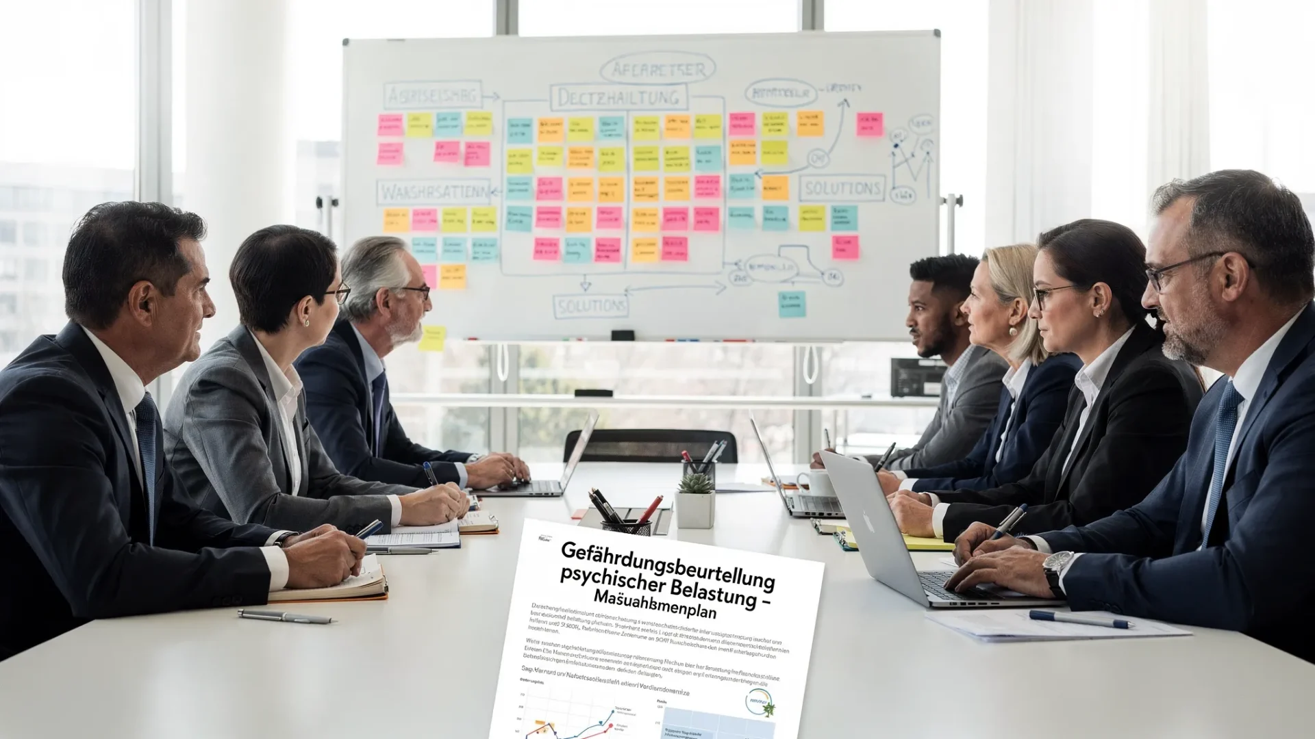 HR-Leitung, Betriebsrat und Führungskräfte sitzen in einem hellen Meetingraum. Auf einem Whiteboard sind Post-its zu Arbeitsbelastungen und Lösungen gruppiert. Im Vordergrund liegt ein Ausdruck mit „Gefährdungsbeurteilung psychischer Belastung – Maßnahmenplan“. Diverses, konzentriertes Team in Diskussion.