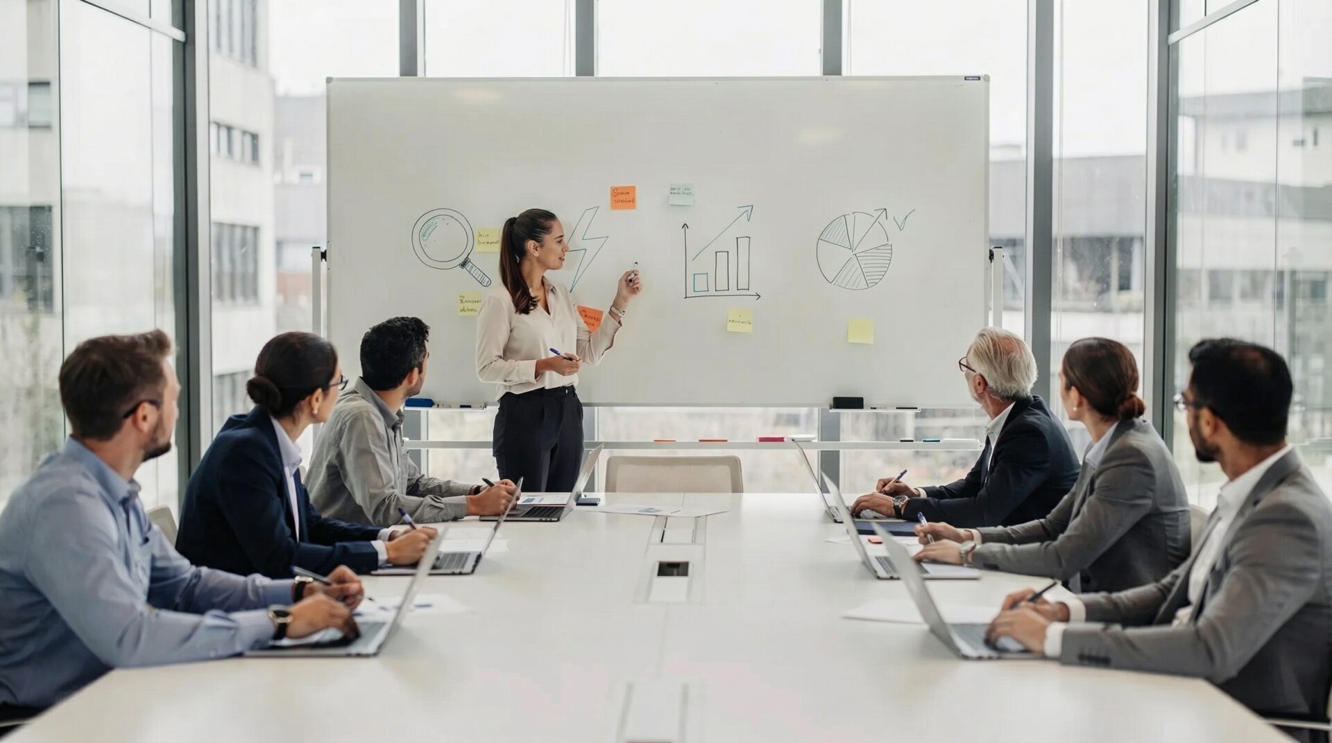 HR- und Betriebsratsrunde in einem modernen Konferenzraum, die gemeinsam einen Maßnahmenplan zur mentalen Gesundheitsförderung am Whiteboard entwickelt. Auf dem Board sind die Phasen Analyse, Quick Wins, Skalierung und Evaluation mit einfachen Symbolen markiert.