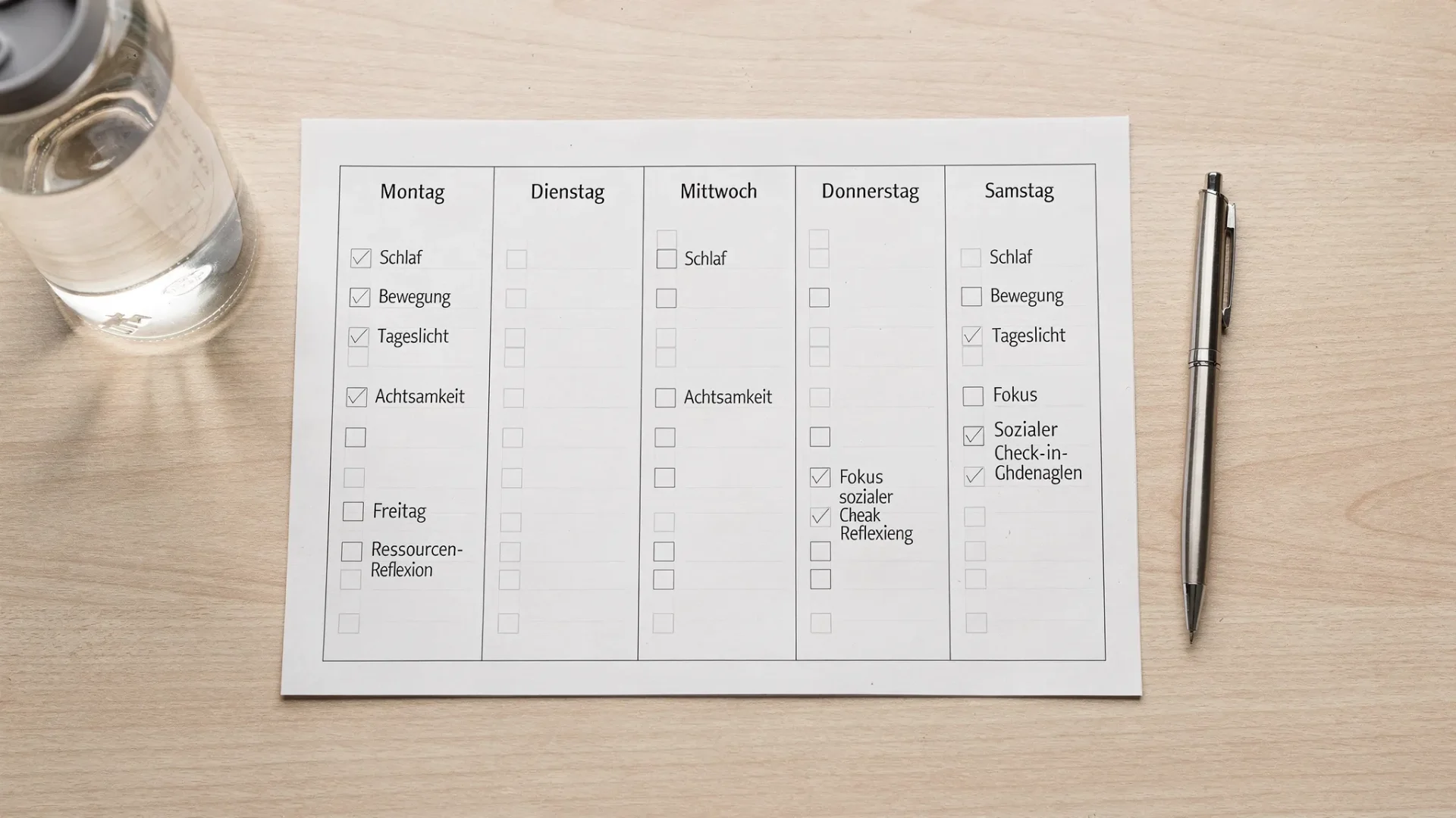 Minimalistischer Wochenplaner auf einem Schreibtisch, jeder Wochentag zeigt kleine Checkboxen für Schlaf, Bewegung, Tageslicht, Achtsamkeit, Fokus, sozialer Check-in und Ressourcen-Reflexion; daneben ein Stift und eine Wasserflasche.