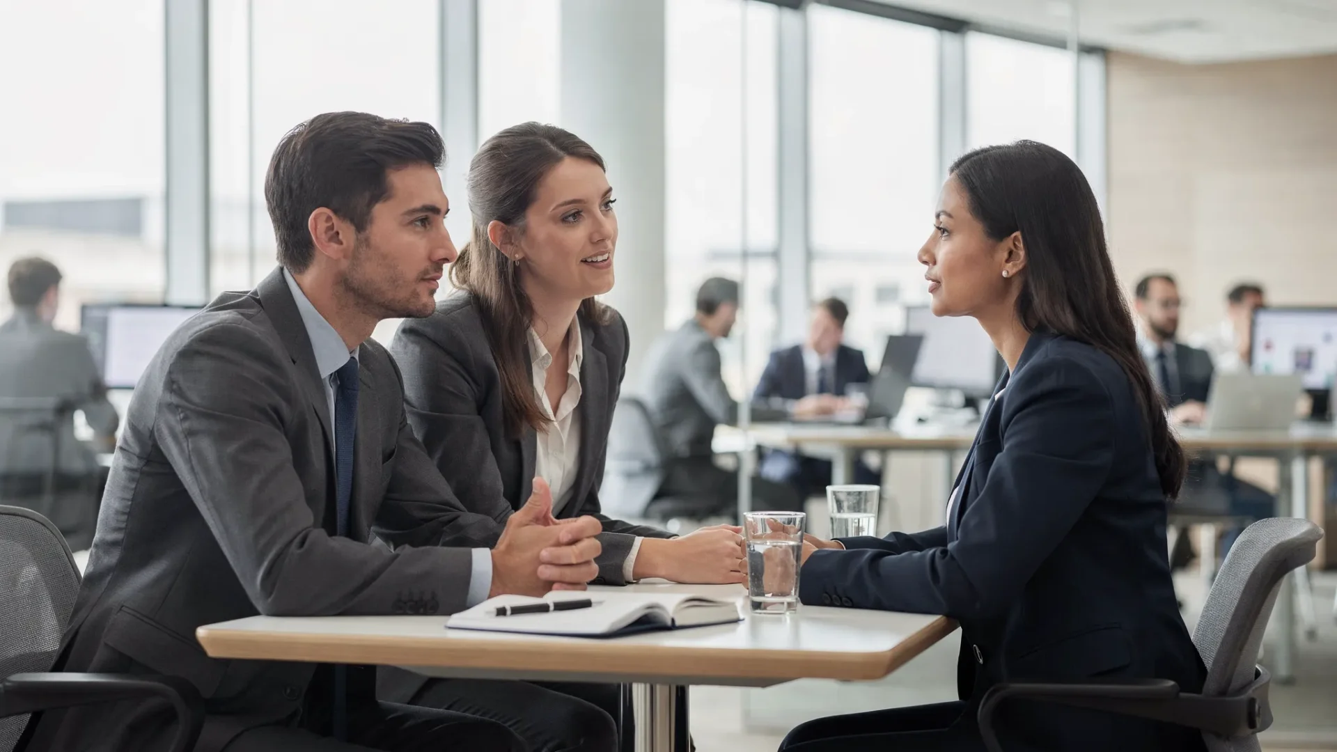 Zwei Führungskräfte führen in einem hellen, modernen Büro ein vertrauliches Gespräch mit einer Mitarbeiterin, Notizblock und Wasserglas auf dem Tisch, ruhige Körpersprache, respektvolle Atmosphäre, im Hintergrund ein Team arbeitet konzentriert.