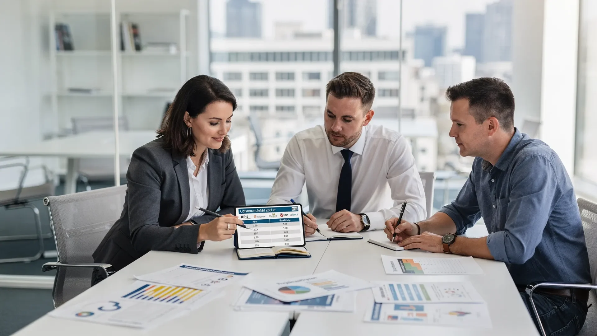 Zwei HR‑Verantwortliche und ein externer Berater sitzen in einem modernen Konferenzraum vor einem Notebook und vergleichen Anbieter für betriebliches Gesundheitsmanagement anhand einer Kriterienliste. Auf dem Tisch liegen Ausdrucke mit KPIs, Datenschutzanforderungen und einem Projektzeitplan.